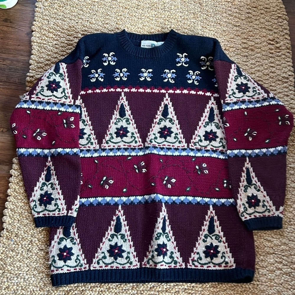 Vintage 90 Paul Harris Designs 3D Knit Sweater Cotton/Ramie Geo Floral Burgundy